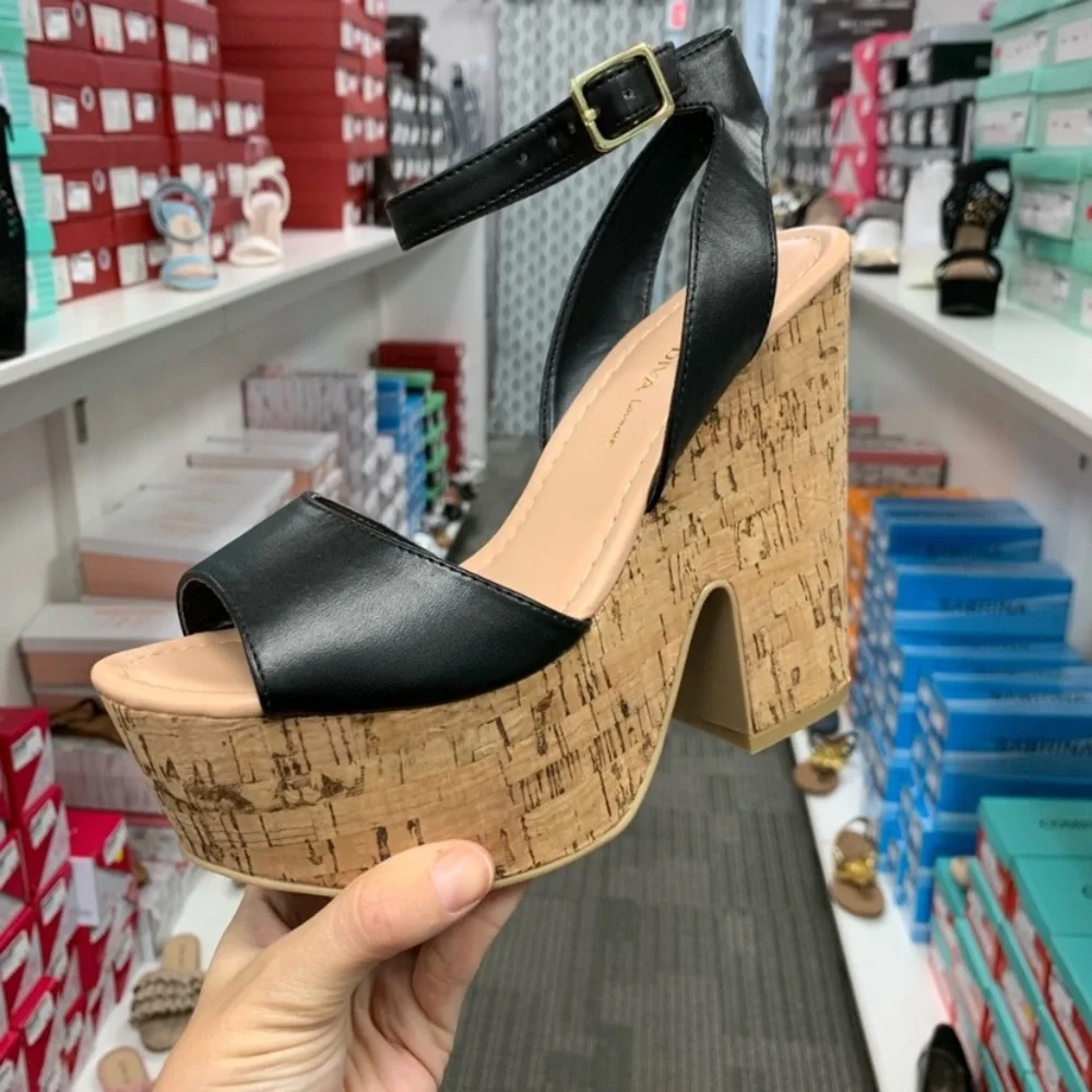 New faux leather cork wedge strappy peeptoe heels